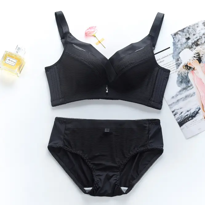 Pink Ribbed Bra Set for Women Autumn Winter Comfortable Underwear - Image 2
