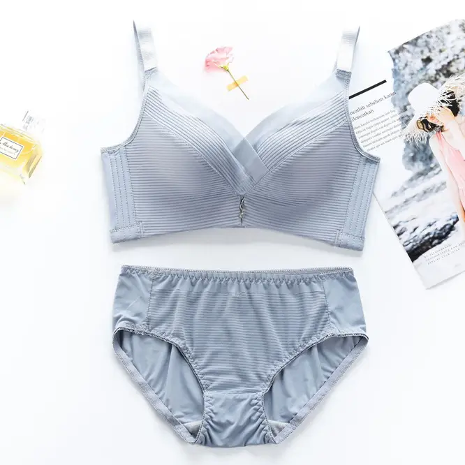 Pink Ribbed Bra Set for Women Autumn Winter Comfortable Underwear - Image 3