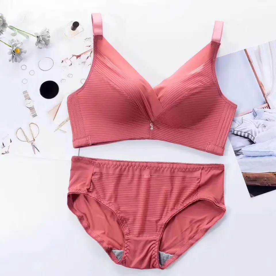 Pink Ribbed Bra Set for Women Autumn Winter Comfortable Underwear - Image 4