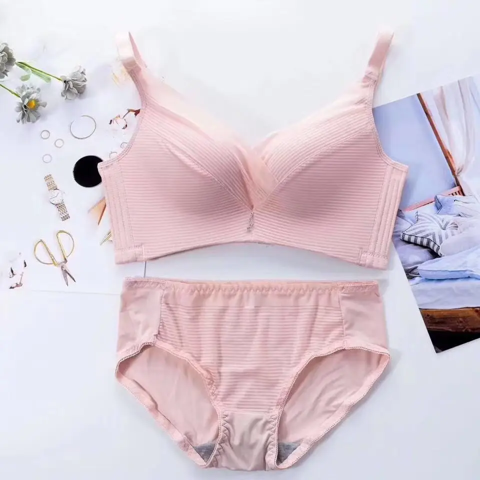 Pink Ribbed Bra Set for Women Autumn Winter Comfortable Underwear - Image 5