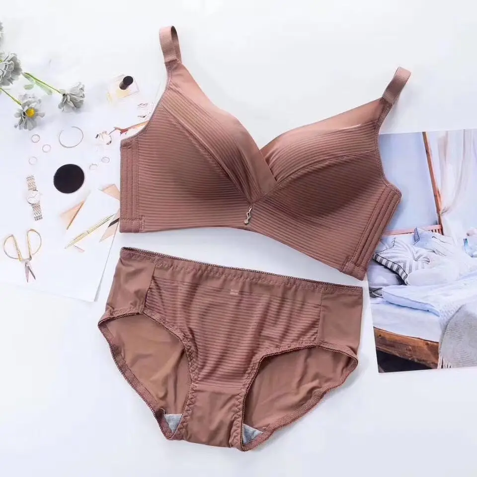 Pink Ribbed Bra Set for Women Autumn Winter Comfortable Underwear - Image 6
