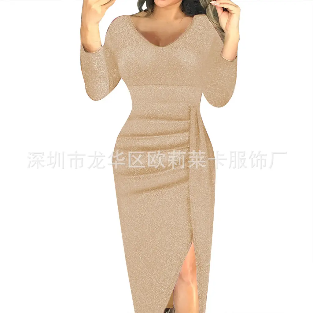 Women V-Neck Hip Slim Dress Mint Green Pleated Split - Image 5