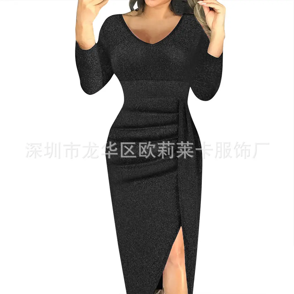 Women V-Neck Hip Slim Dress Mint Green Pleated Split - Image 4