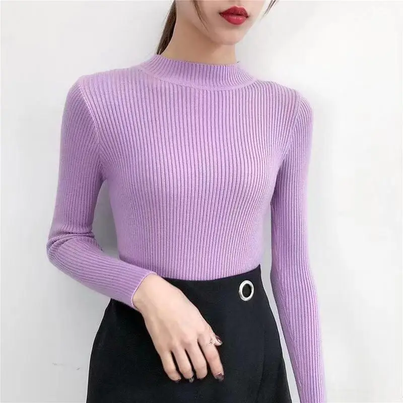 Women's Pink Knit Half Turtleneck Slim Fit Top - Image 13