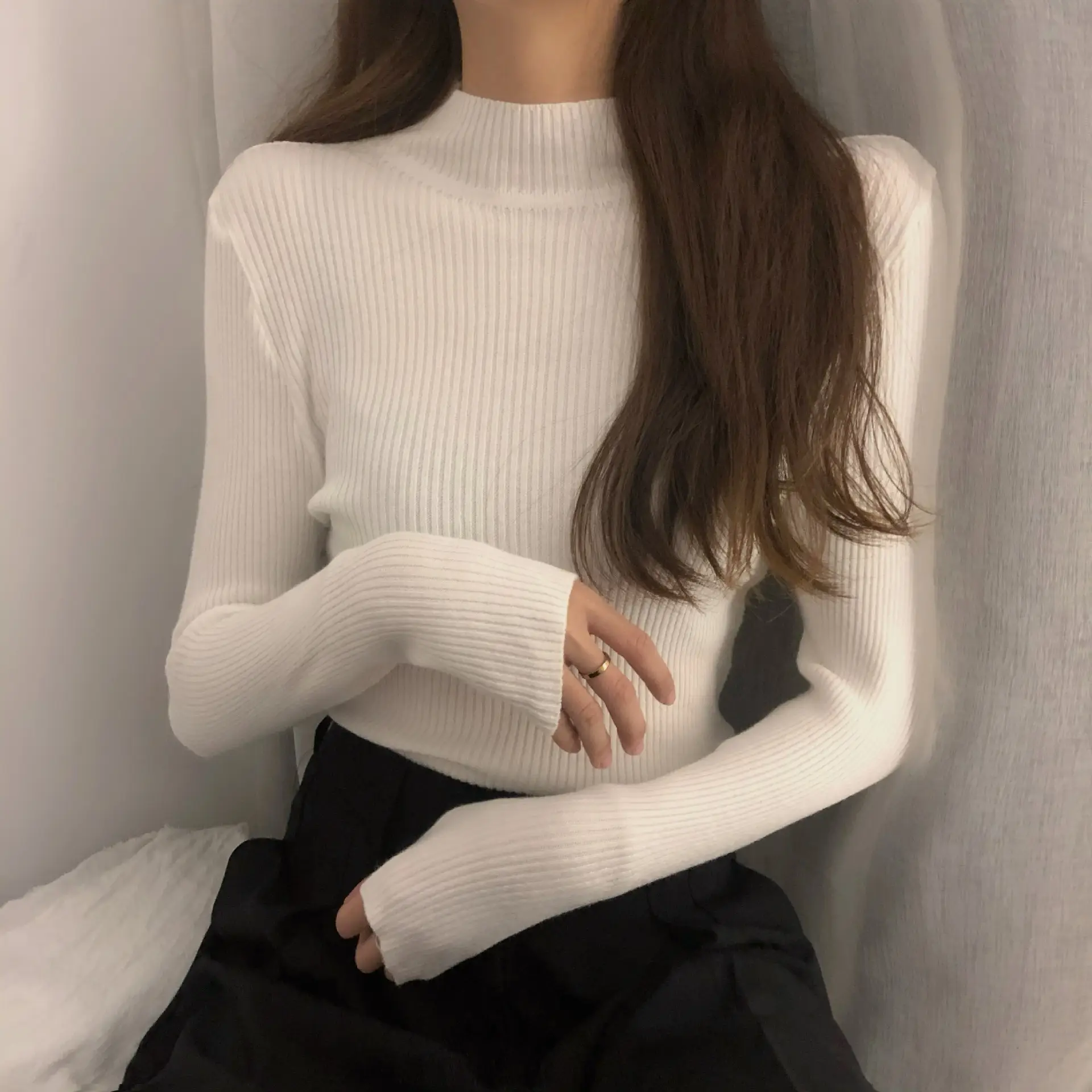 Women's Pink Knit Half Turtleneck Slim Fit Top - Image 15