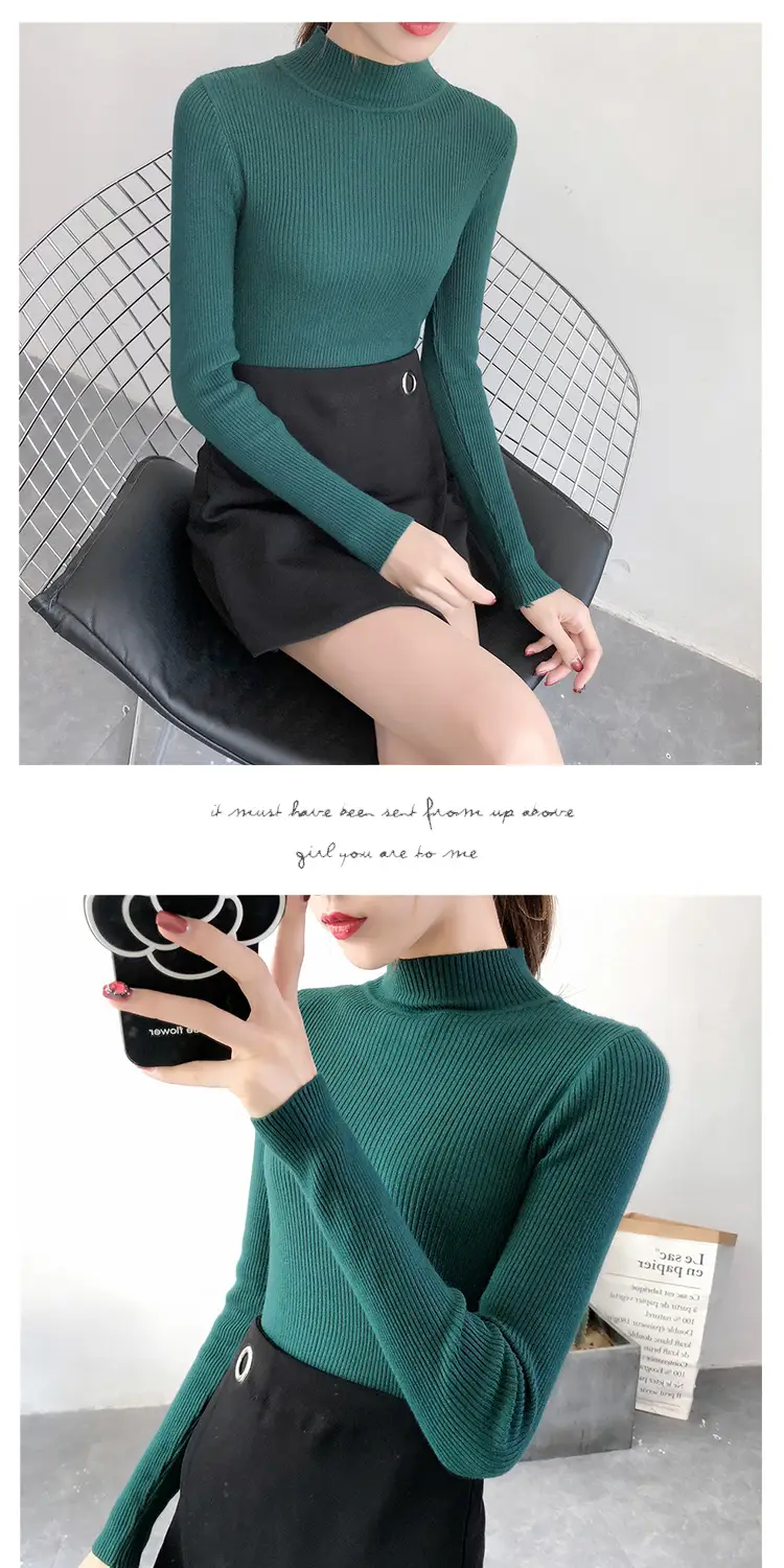 Women's Pink Knit Half Turtleneck Slim Fit Top — feature 10