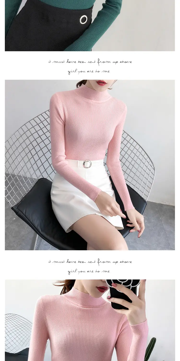 Women's Pink Knit Half Turtleneck Slim Fit Top — feature 12