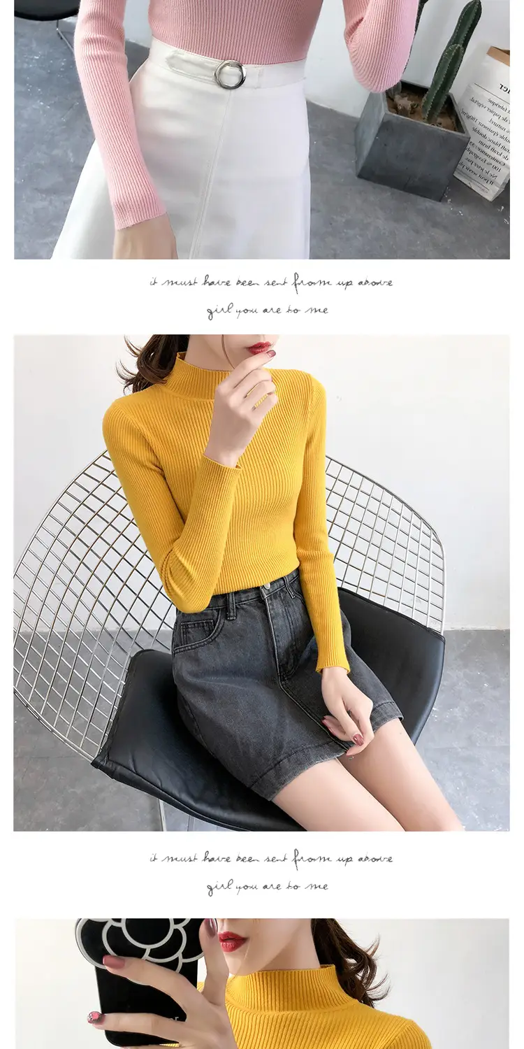 Women's Pink Knit Half Turtleneck Slim Fit Top — feature 13