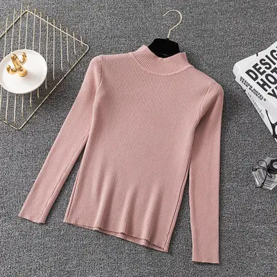 Women's Pink Knit Half Turtleneck Slim Fit Top - Image 2