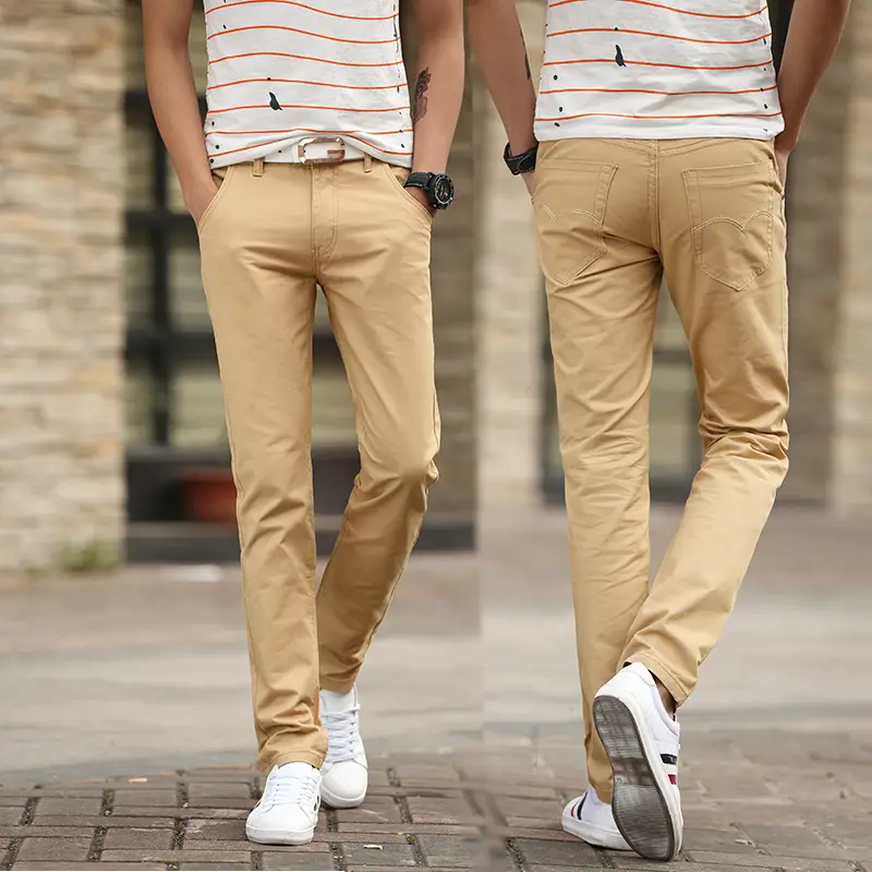 2019 Men's Slim Fit Tan Casual Pants with White Sneakers - Image 18