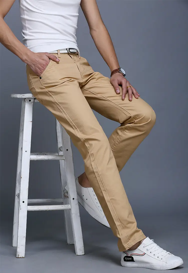 2019 Men's Slim Fit Tan Casual Pants with White Sneakers — feature 8