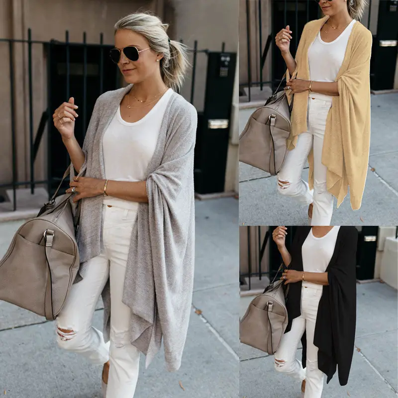 Women Long Loose Knitted Cardigan Jacket Beige - Image 3