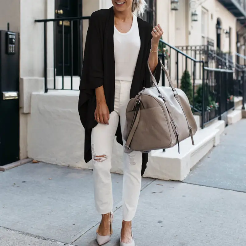 Women Long Loose Knitted Cardigan Jacket Beige - Image 4
