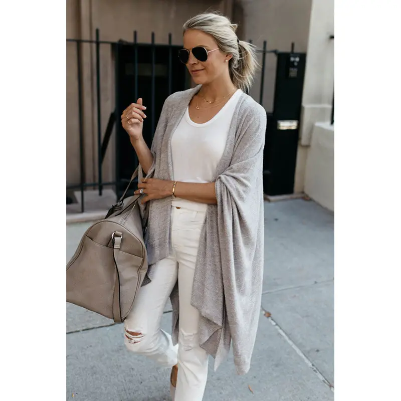 Women Long Loose Knitted Cardigan Jacket Beige - Image 6