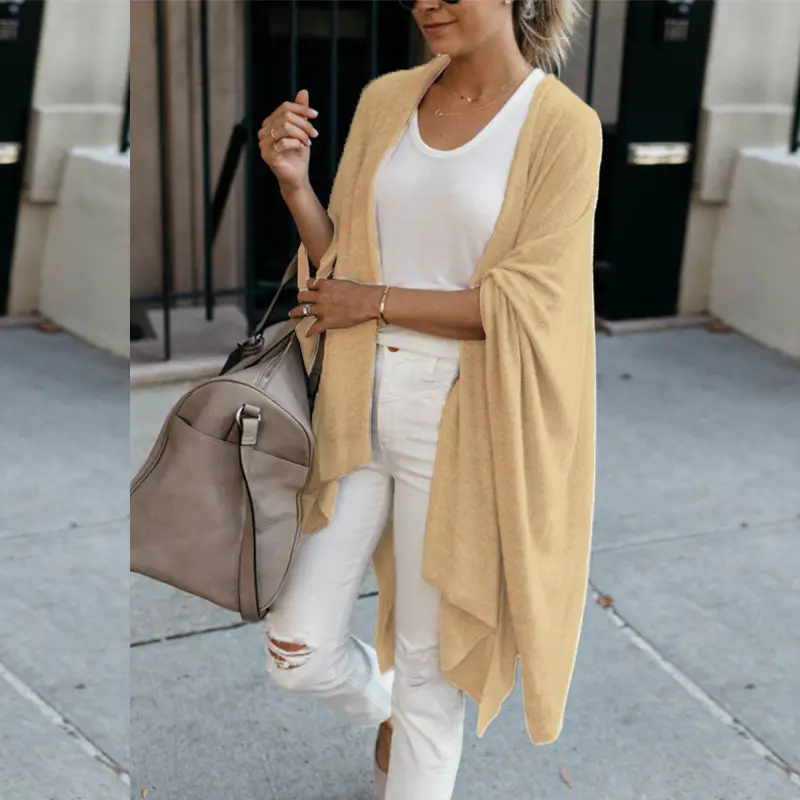 Women Long Loose Knitted Cardigan Jacket Beige - Image 2