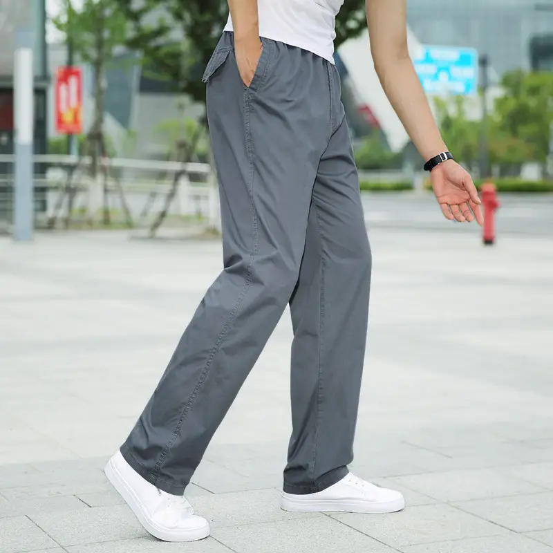 Plus Size Cotton Cargo Pants Grey Loose Fit Elastic Waist - Image 9