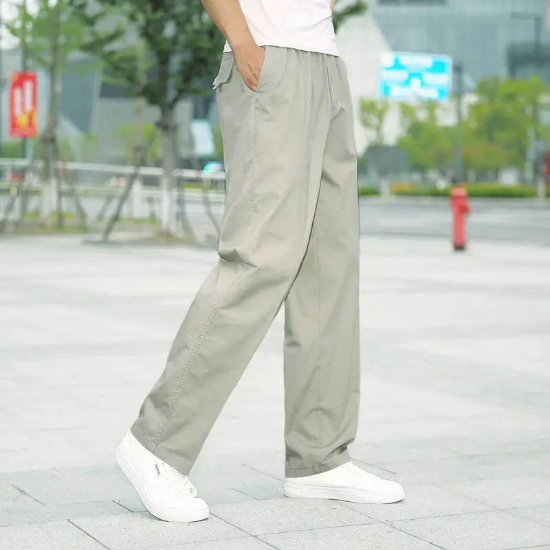 Plus Size Cotton Cargo Pants Grey Loose Fit Elastic Waist - Image 3