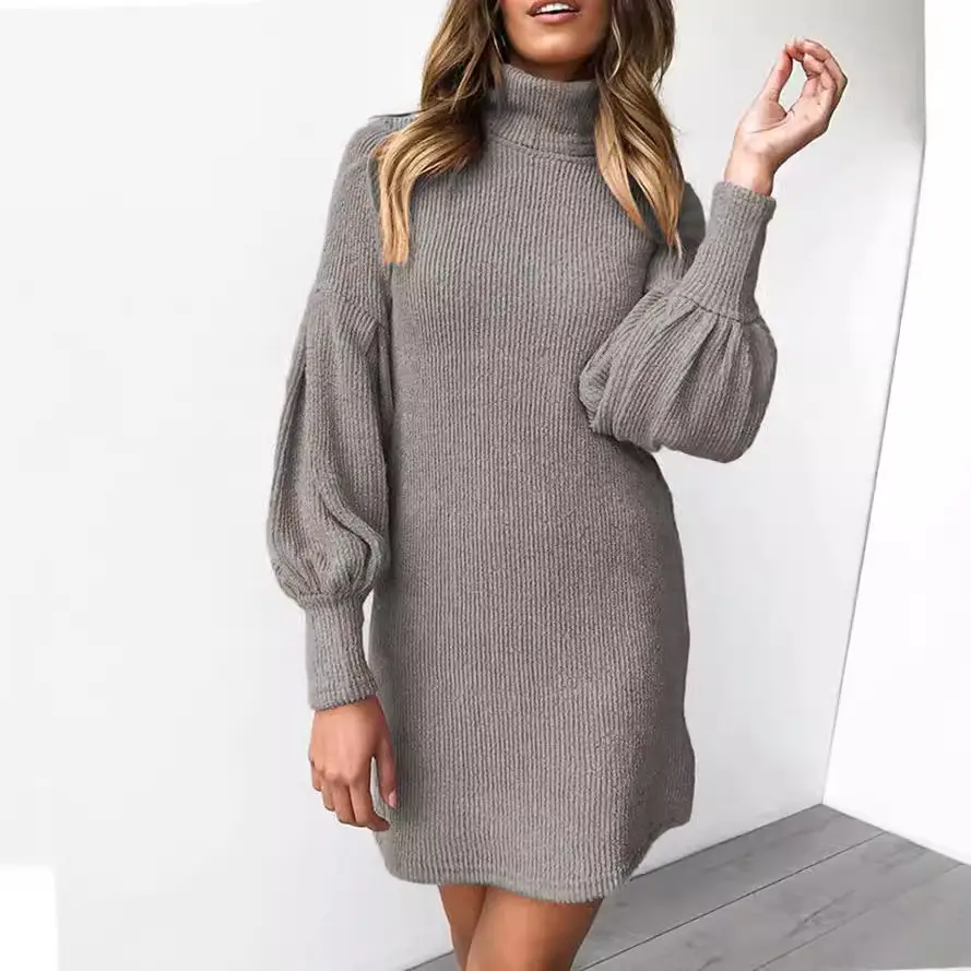 Grey Textured Long Sleeve Hip-Covering Dress for Women