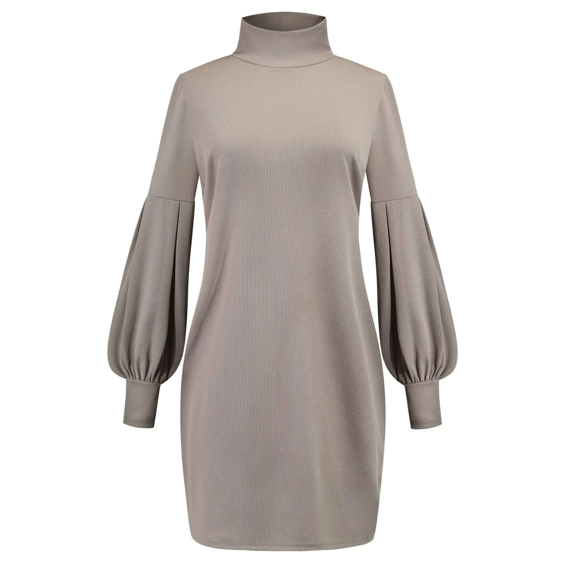 Grey Textured Long Sleeve Hip-Covering Dress for Women