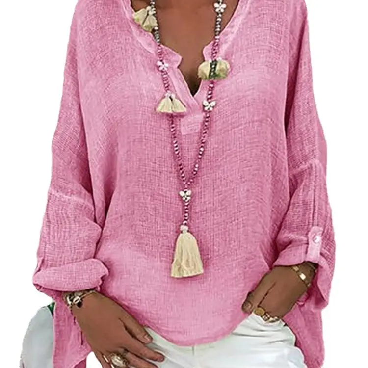 Pink Long Sleeve V-Neck Top with Tassel - Image 11