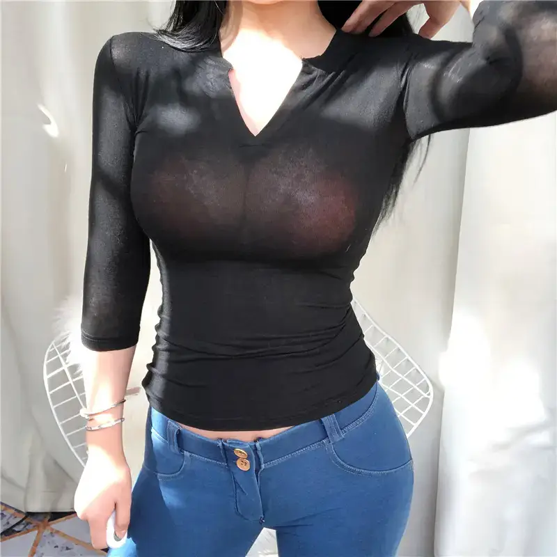 White Slim Fit Half Open Collar T-Shirt for Women - Image 6