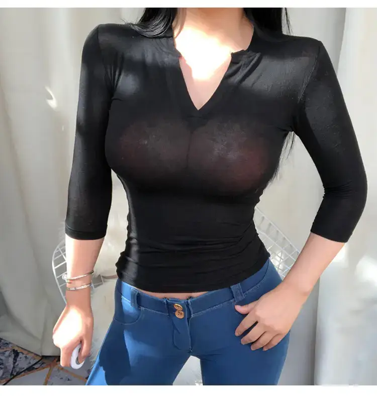 White Slim Fit Half Open Collar T-Shirt for Women — feature 14