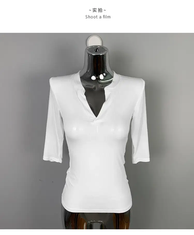 White Slim Fit Half Open Collar T-Shirt for Women — feature 19