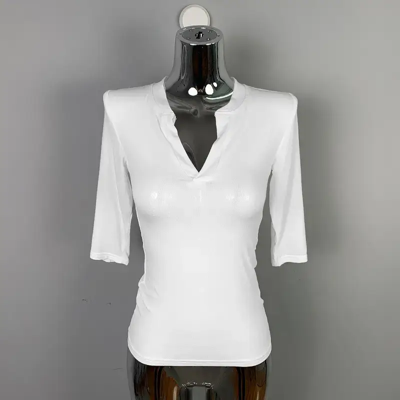 White Slim Fit Half Open Collar T-Shirt for Women - Image 2
