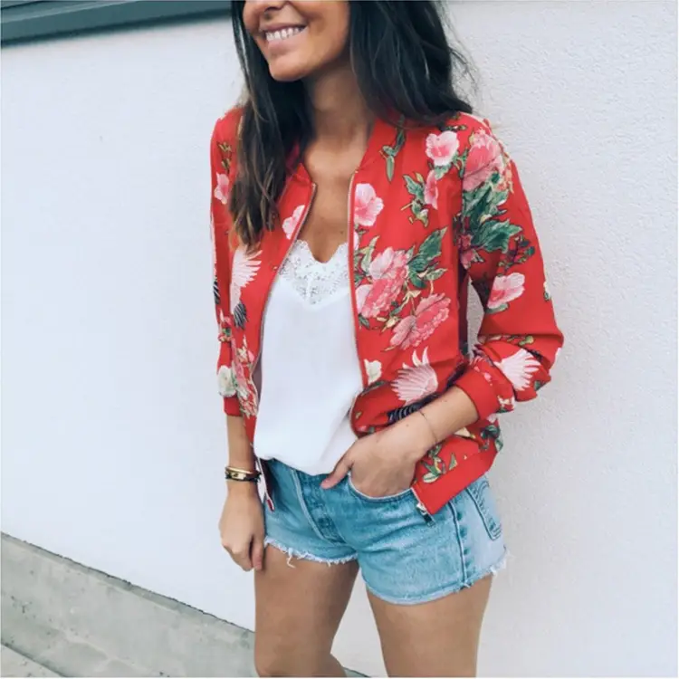 Women Floral Print Zipper Jacket Olive Green - Image 2