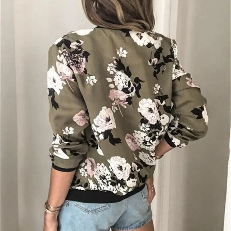 Women Floral Print Zipper Jacket Olive Green - Image 9