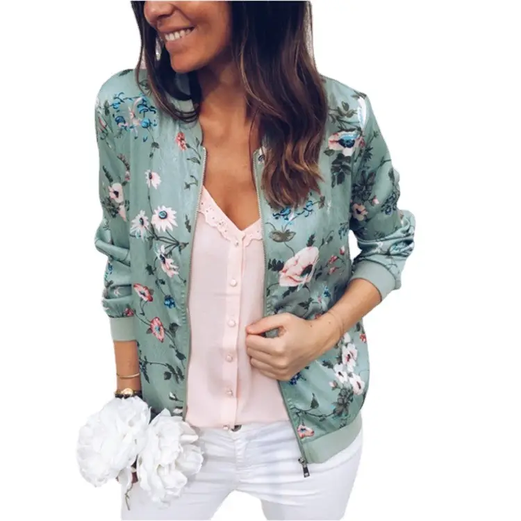 Women Floral Print Zipper Jacket Olive Green - Image 10
