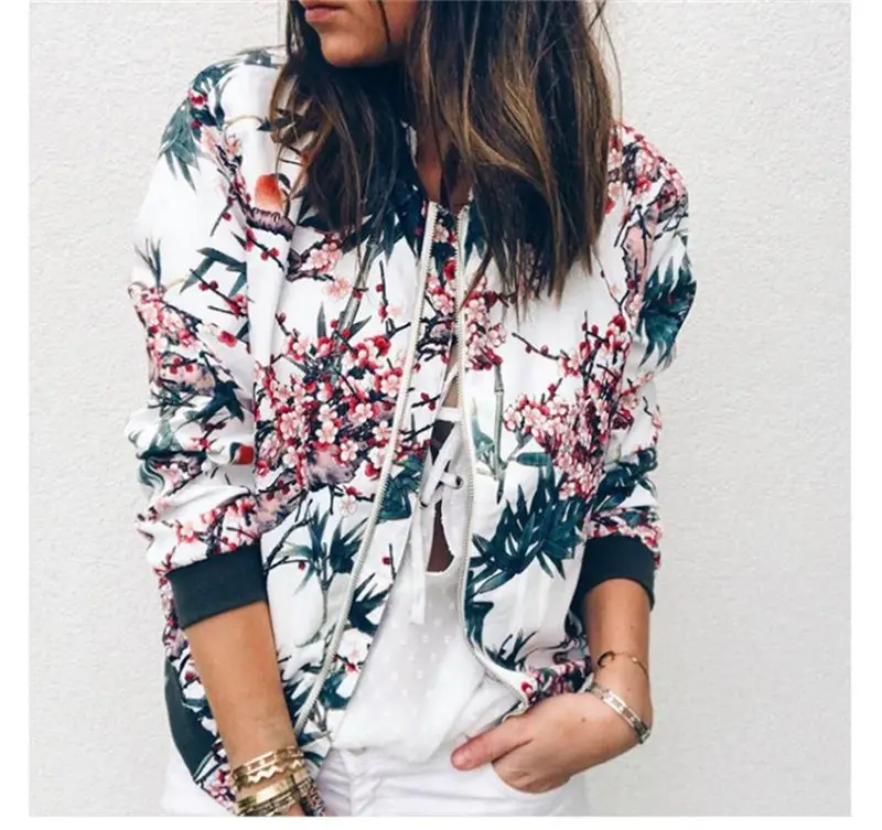 Women Floral Print Zipper Jacket Olive Green - Image 4