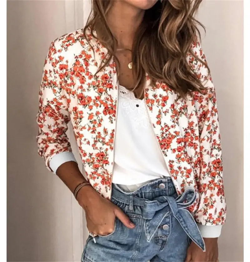 Women Floral Print Zipper Jacket Olive Green - Image 6