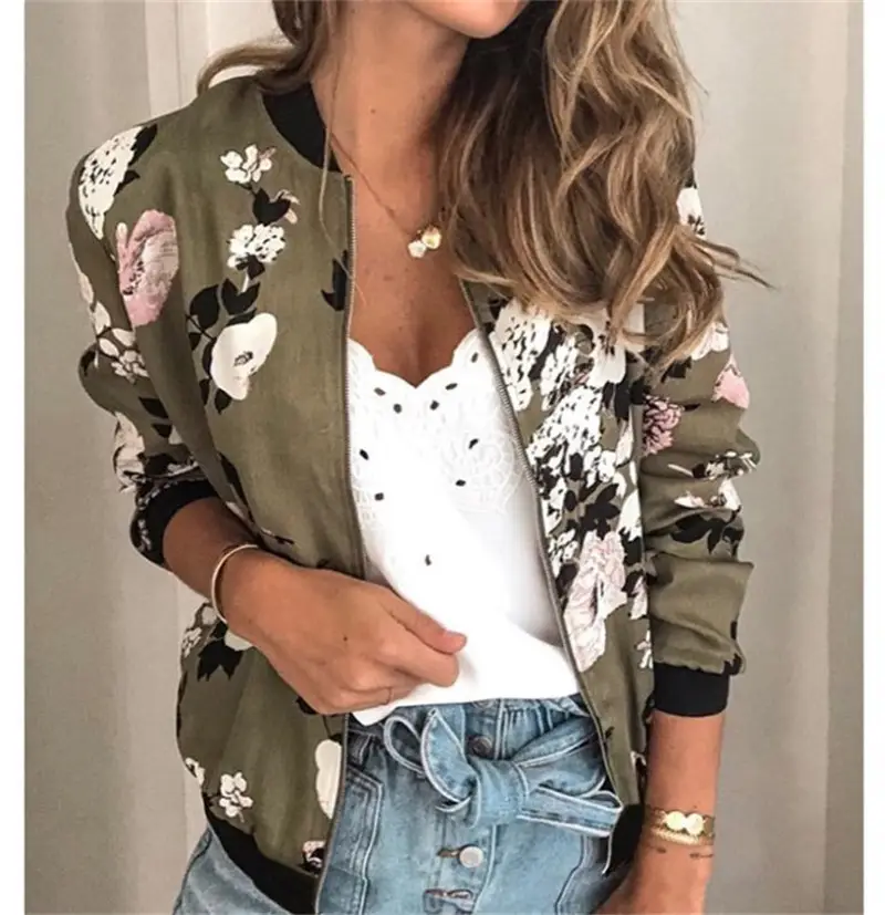 Women Floral Print Zipper Jacket Olive Green - Image 7