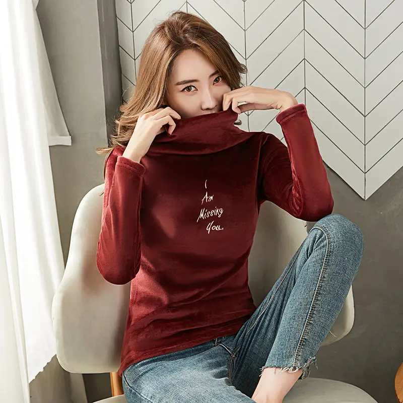 Women's Long Sleeve Velvet Top with High Collar Pink - Image 12
