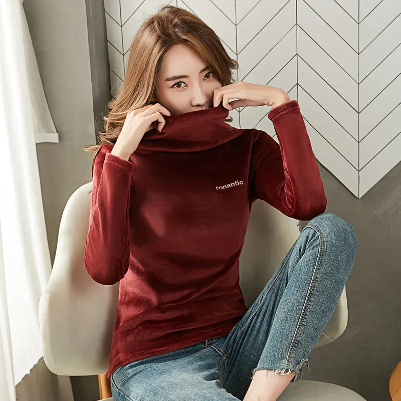 Women's Long Sleeve Velvet Top with High Collar Pink - Image 5