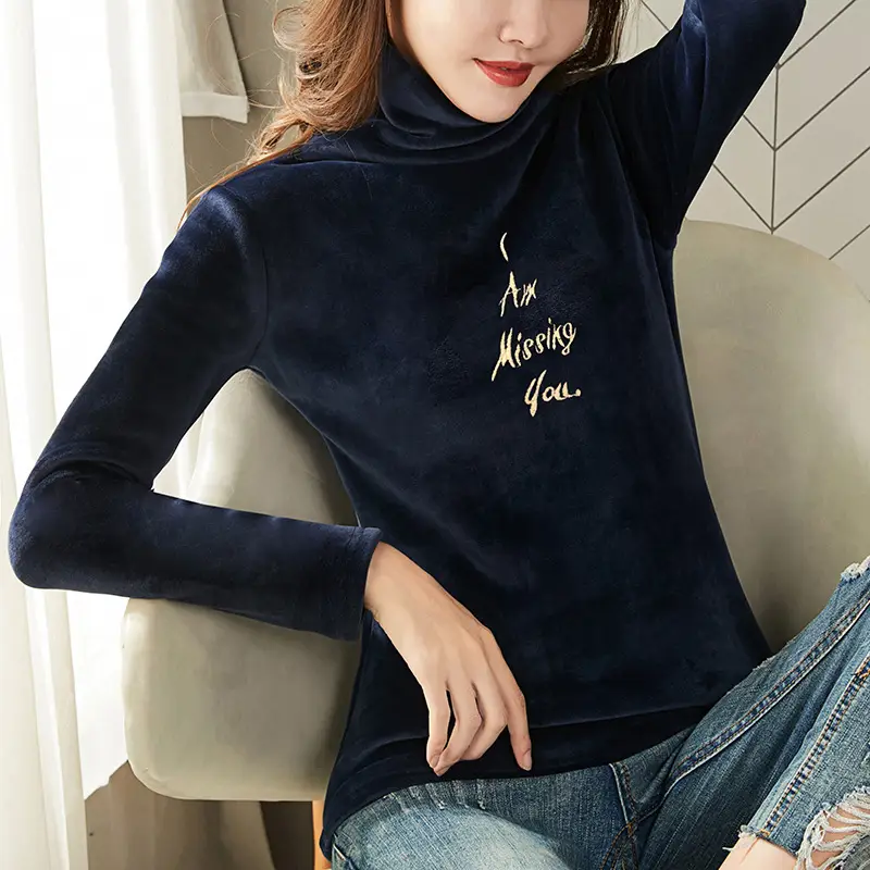 Women's Long Sleeve Velvet Top with High Collar Pink - Image 7