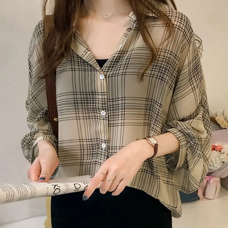 Women Long Sleeve Plaid Shirt Black Brown Plus Size Hong Kong Style - Image 2