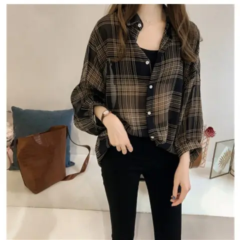 Women Long Sleeve Plaid Shirt Black Brown Plus Size Hong Kong Style - Image 3