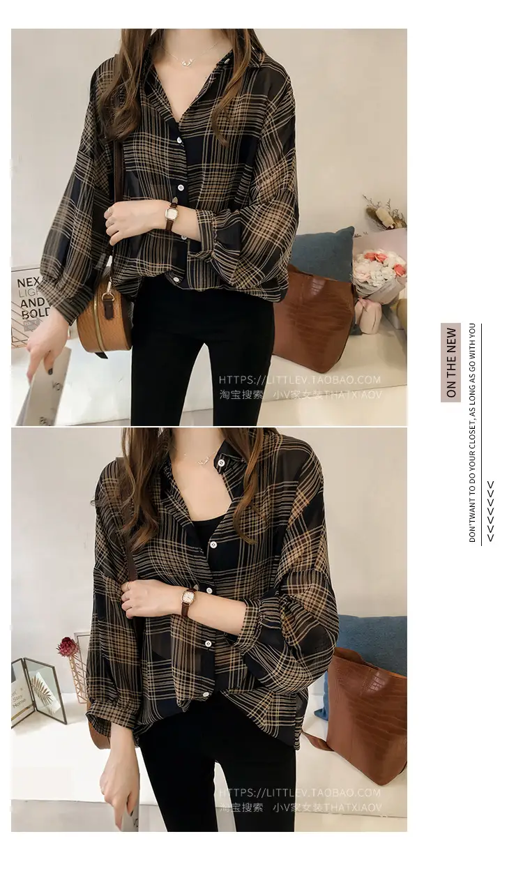 Women Long Sleeve Plaid Shirt Black Brown Plus Size Hong Kong Style — feature 12