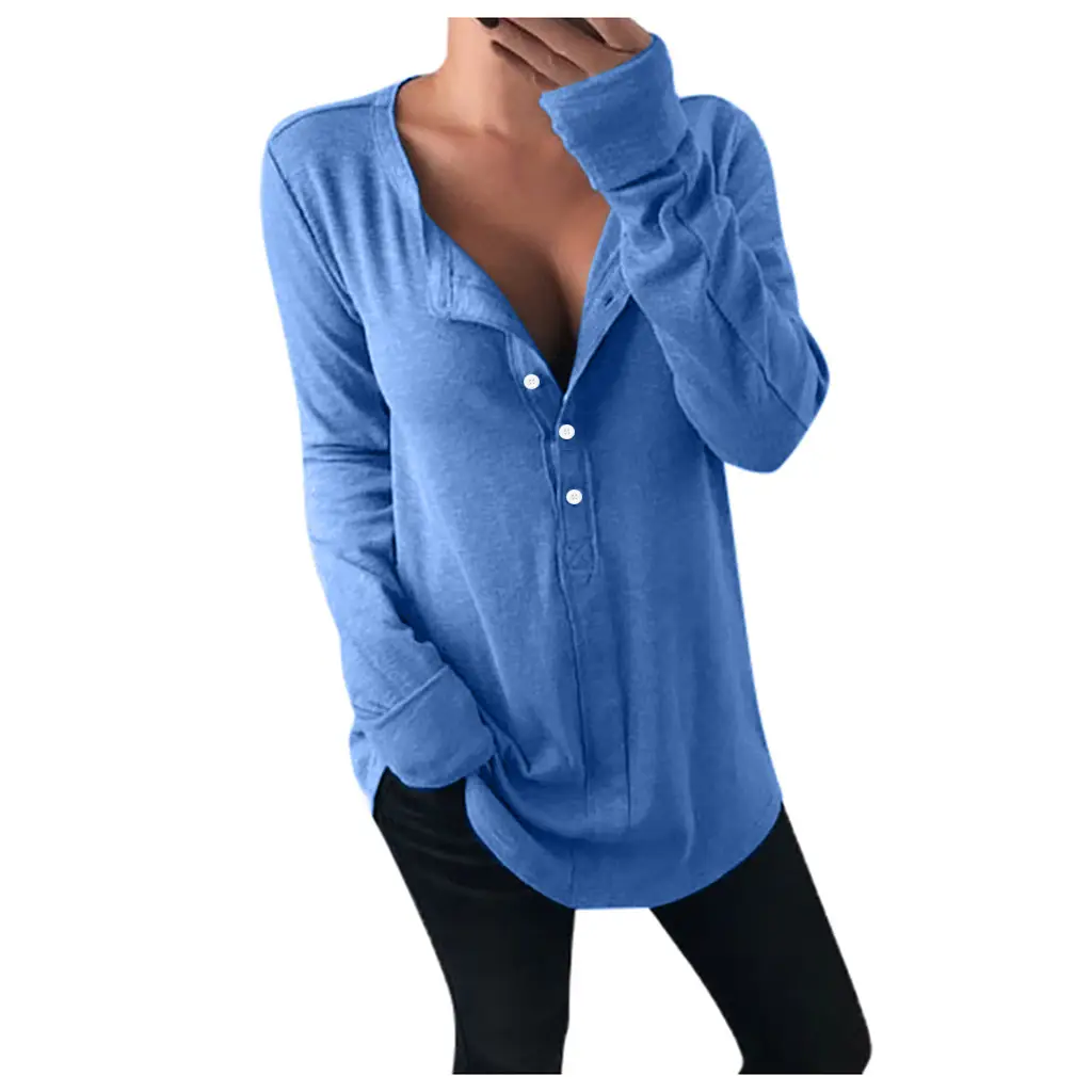 2019 Long Sleeve V-Neck Button T-Shirt Black - Image 3