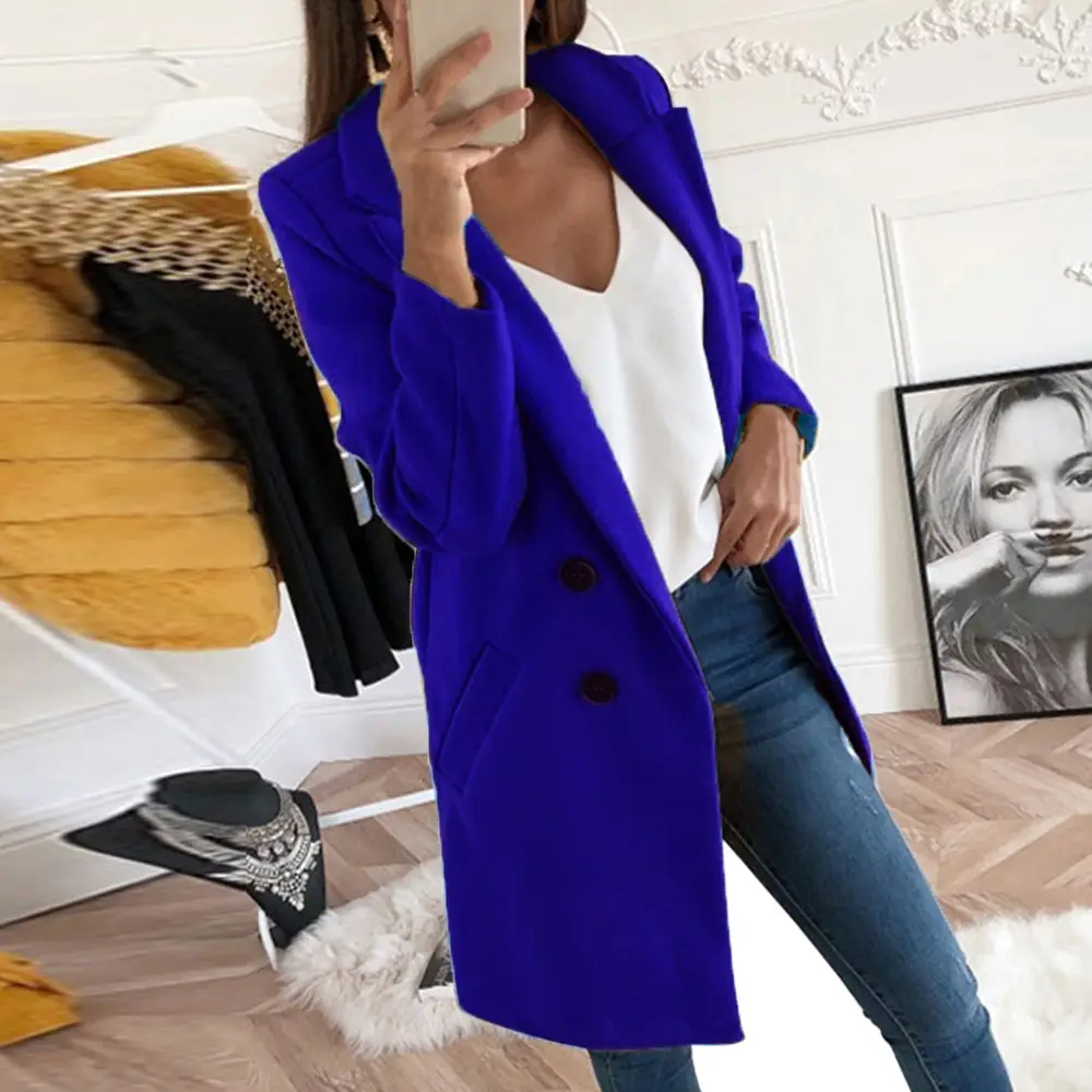 Women's Royal Blue Lapel Tweed Coat 2024 Winter