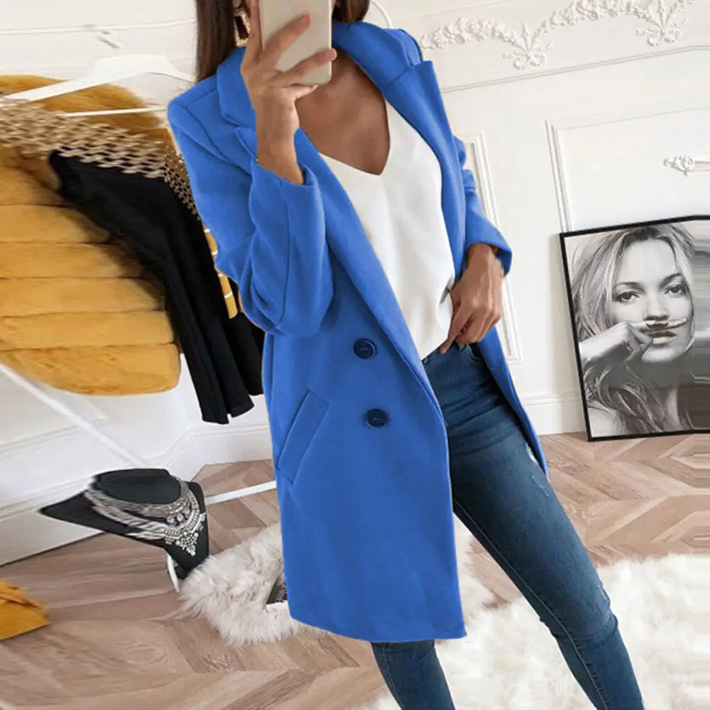 Women's Royal Blue Lapel Tweed Coat 2024 Winter