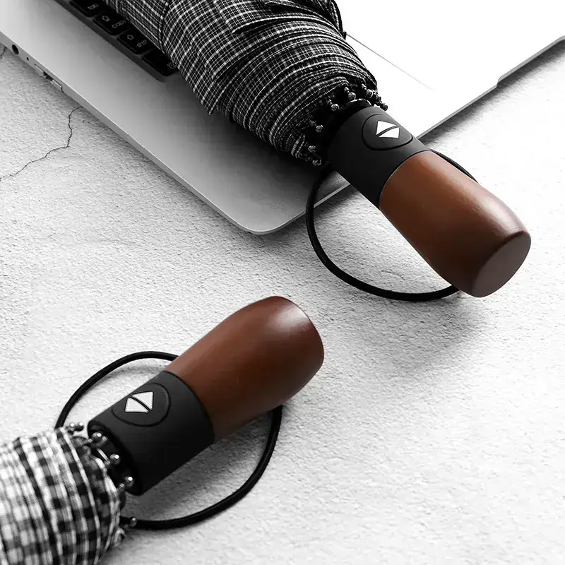 Wooden Handle Check Pattern Automatic Umbrella 10-Bone Anti-Wind