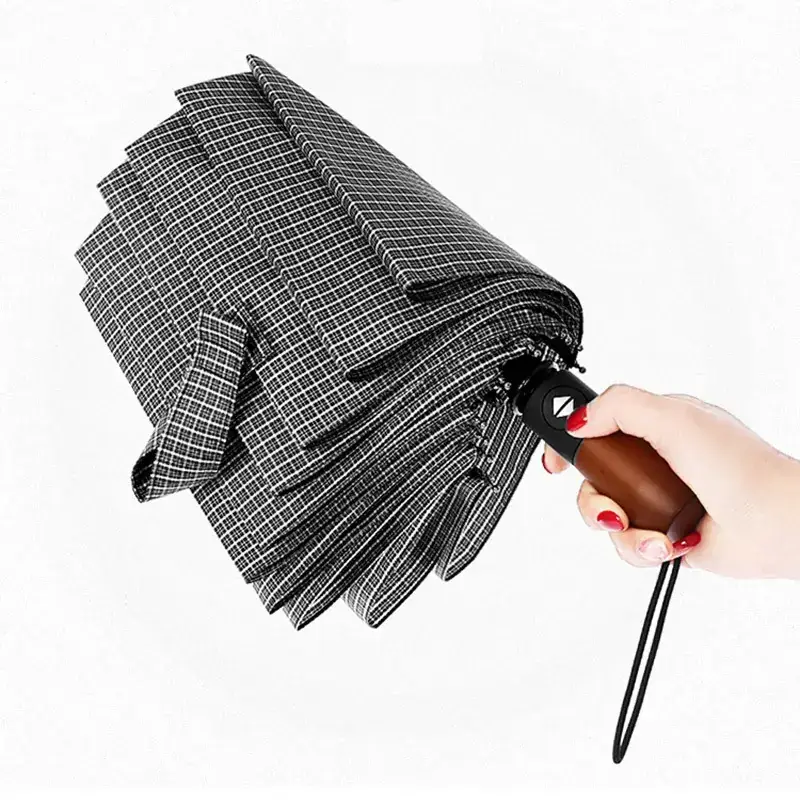 Wooden Handle Check Pattern Automatic Umbrella 10-Bone Anti-Wind