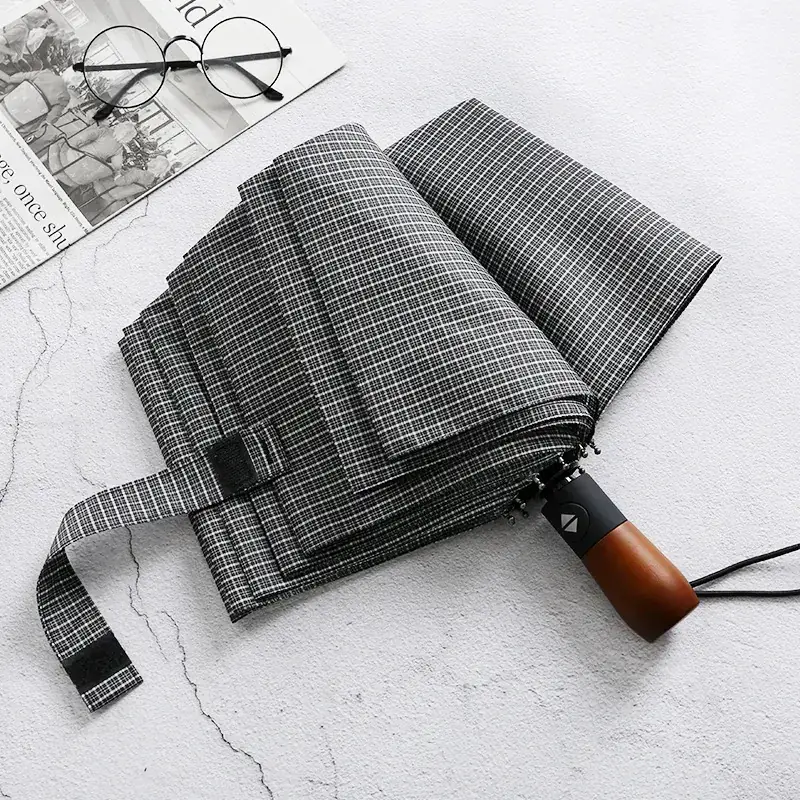 Wooden Handle Check Pattern Automatic Umbrella 10-Bone Anti-Wind