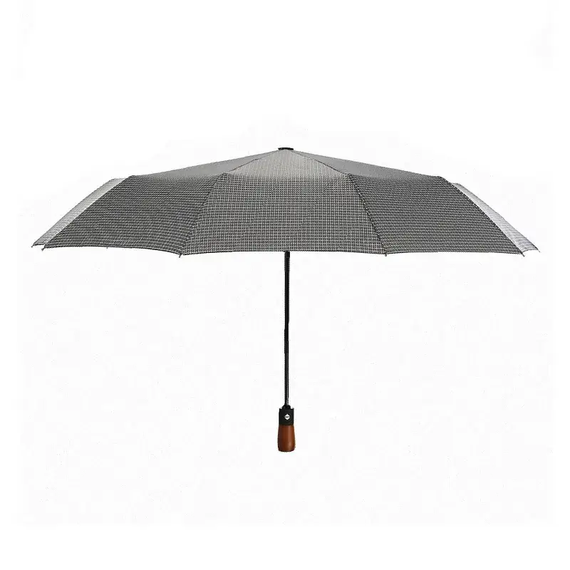 Wooden Handle Check Pattern Automatic Umbrella 10-Bone Anti-Wind