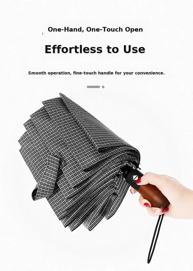 Wooden Handle Check Pattern Automatic Umbrella 10-Bone Anti-Wind — feature 22