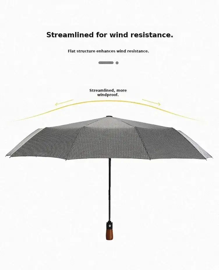 Wooden Handle Check Pattern Automatic Umbrella 10-Bone Anti-Wind — feature 24