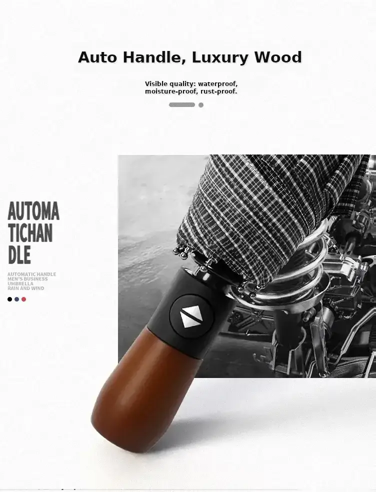 Wooden Handle Check Pattern Automatic Umbrella 10-Bone Anti-Wind — feature 26
